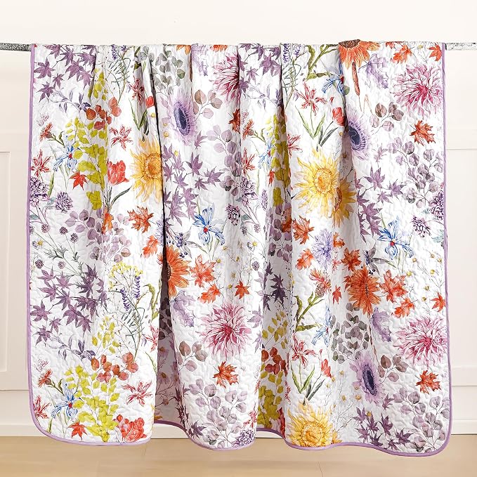 Yiran Purple Floral Quilt Set Queen Size, Sunflower Botanical Bedding Set | 3 - Image 8