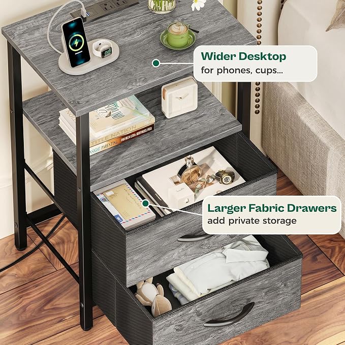 Huuger Night Stand with Charger Station and LED Lights, 2 Drawer Nightstand | - Image 7