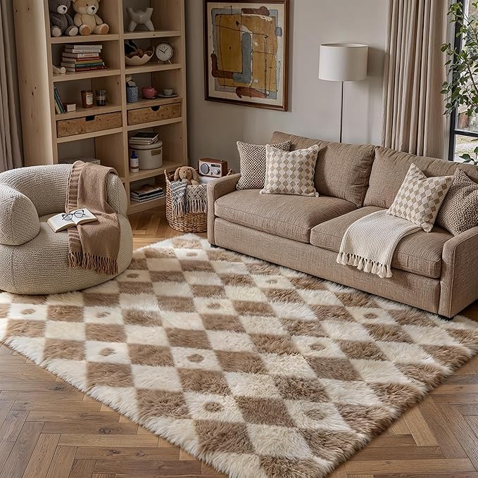 Brown 5x8 Area Rug for Living Room Soft Checkered Shag Carpet | Machine Washable by PureCozy