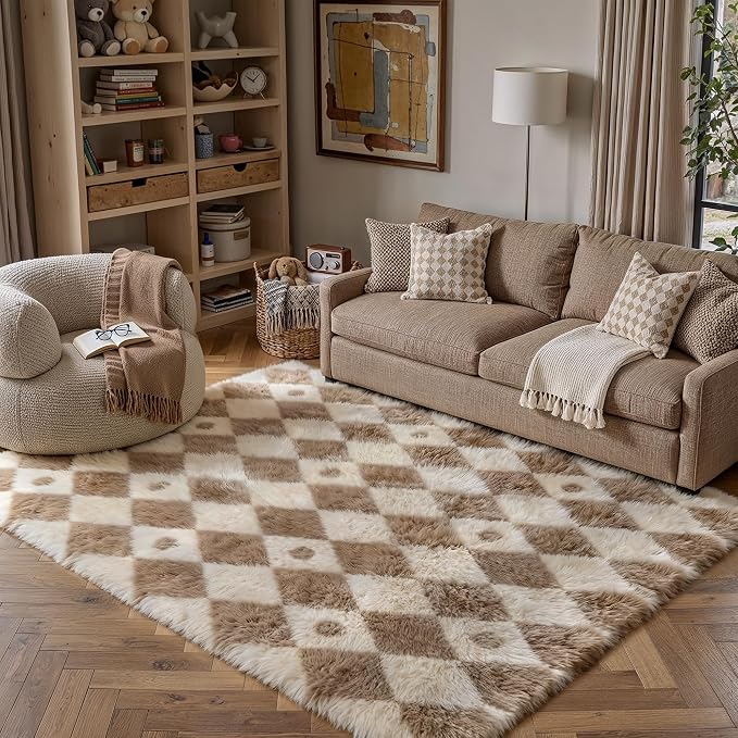 Brown 5x7 Area Rug for Living Room Soft Checkered Shag Carpet | Machine Washable by PureCozy