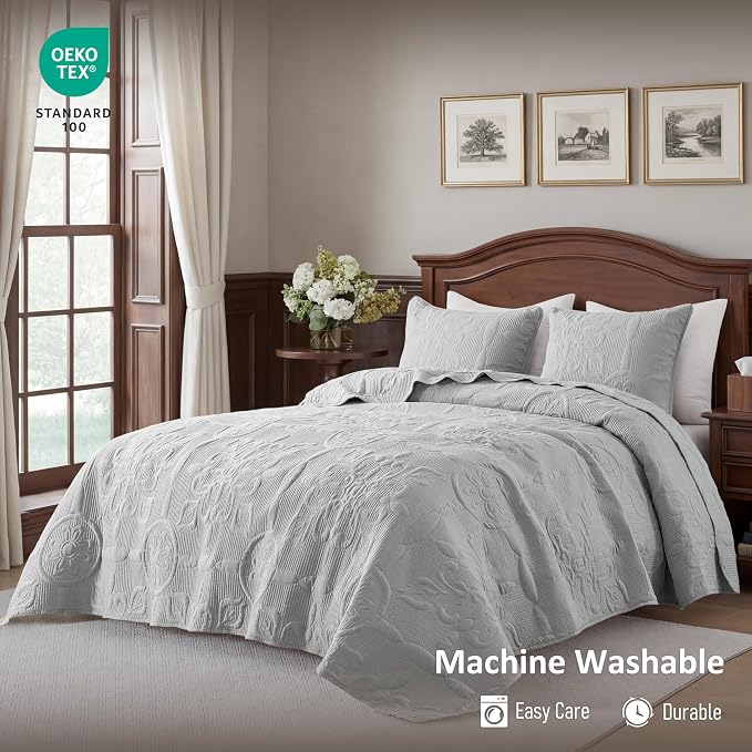 B2EVER Light Grey Damask Quilt Twin Size Bedding Sets - Image 2