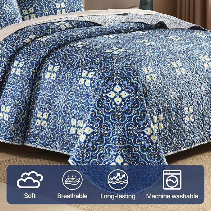 Cotton Reversible Quilt Set Twin Size, Boho Floral Patchwork Bedspread Coverlet - Image 5
