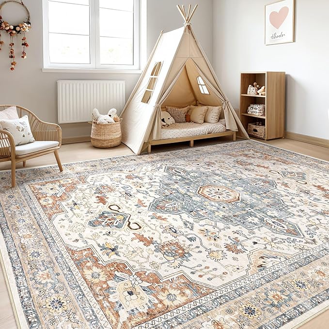 10x13 Area Rug Living Room: Washable Boho Large Neutral Vintage Soft Rugs Stain Resistant Distressed Farmhouse Non-Slip Indoor Floor Carpet for Bedroom Nursery Kids Office Dining Room- Beige Blue