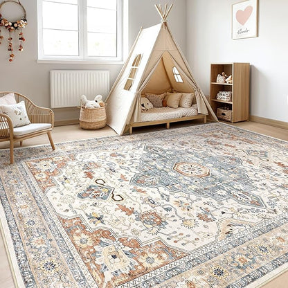 10x13 Area Rug Living Room: Washable Boho Large Neutral Vintage Soft Rugs Stain Resistant Distressed Farmhouse Non-Slip Indoor Floor Carpet for Bedroom Nursery Kids Office Dining Room- Beige Blue