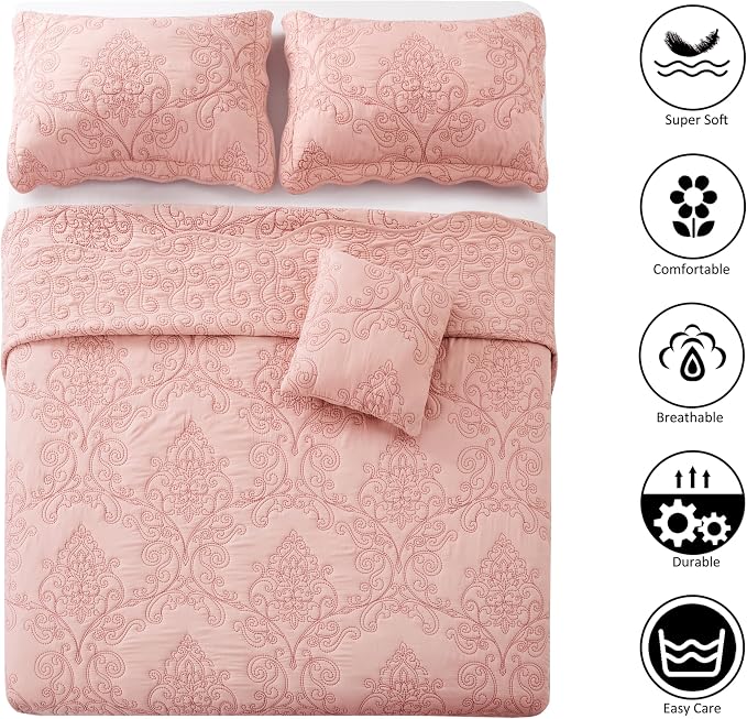 Home Soft Things Damask 4 Piece Bedspread Set, Scalloped Edge Reversible - Image 6