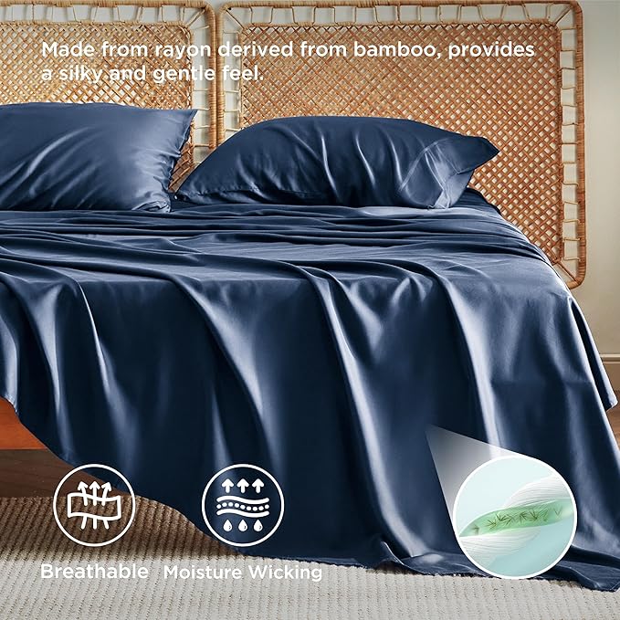 Bedsure Queen Sheet Set, Rayon Derived from Bamboo, Cooling Sheets, Breathable & Soft, Deep Pocket Up to 16 Inches, Hotel Luxury Silky Bedding for Hot Sleepers, Navy