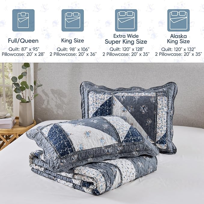 Full/Queen Size Quilt Set Grey Floral Patchwork Bedspreads Bedding Set | - Image 9