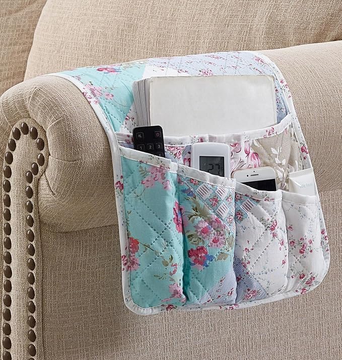 Brilliant Sunshine Blue & Green Roses Couch Armrest Cover, Armrest Organizer & - Image 3