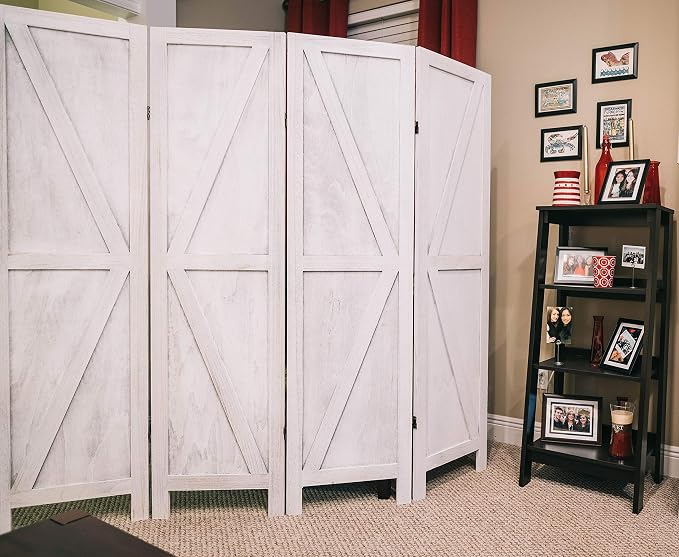 Premium Home 4-Panel Room Divider – Rustic White Barn Door, K Pattern Folding - Image 5