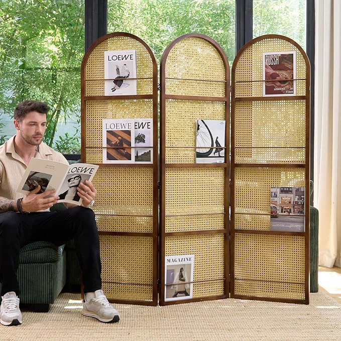 Rattan Room Divider with Bookshelf, Privacy Screen - Image 8