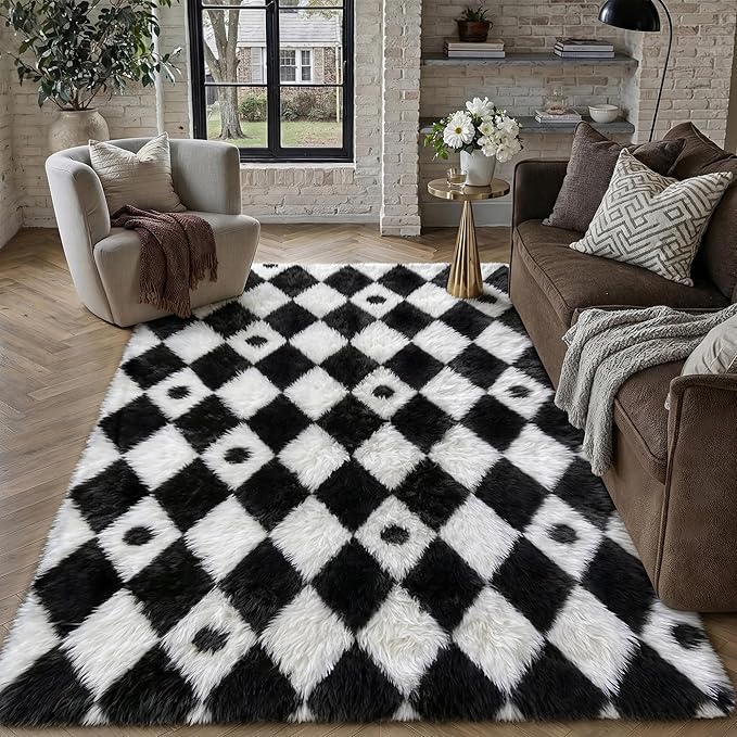 Checkered Rug 4x6 for Kids Room Black and White Soft Shag Rugs | Machine - Image 4