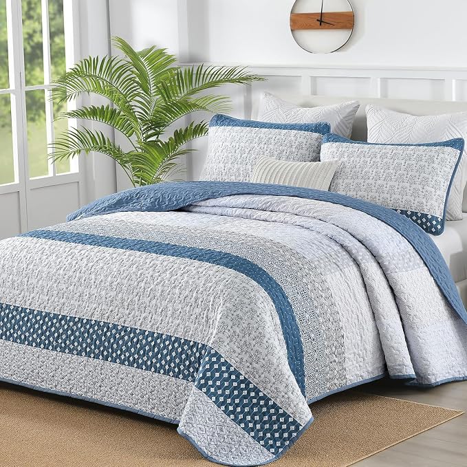 WONGS BEDDING Blue Full Size Quilt Set, Bohemian Striped Bedspreads | by WONGSBEDDING