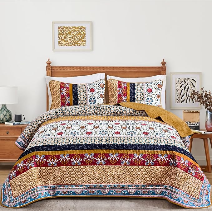 Yiran Boho Quilt Set Queen Size, Fall Tango Orange Patchwork Bedspreads | - Image 2
