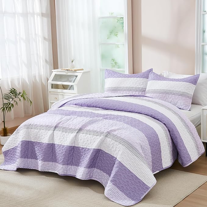 Queen Quilt Set Lavender, 3 Pieces Striped Bedspread | Ultra Soft Summer - Image 6