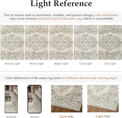 2x3 Area Rug Beige Washable Entryway Door Mat Indoor Vintage Medallion Floral Carpet Kitchen Bathroom Distressed Entrance Retro Small Non Slip Accent Throw Bedroom Office Dining Living Room