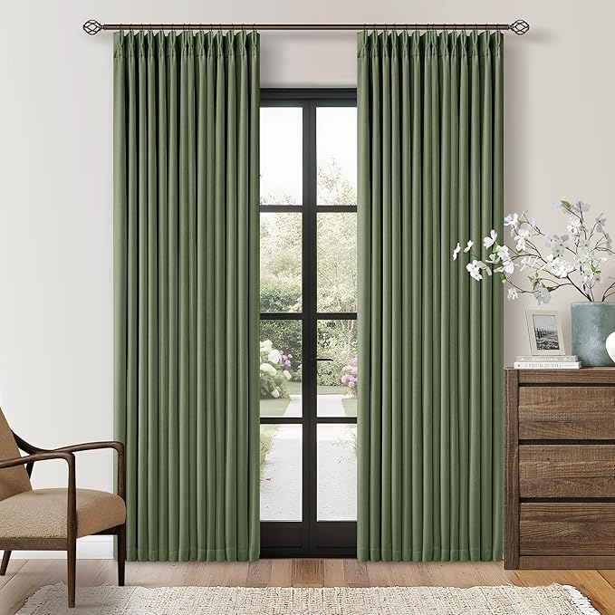84 Inch Olive Green Linen Pinch Pleated Blackout Curtains Dual Layer | 100% by Twodrapes