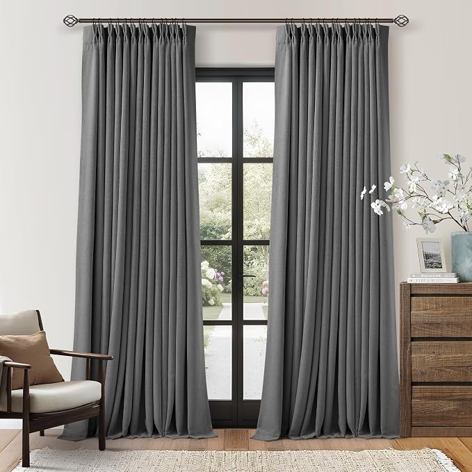 Charcoal Grey Pleated Thick Linen Blackout Curtains 120 Inches Long by Twodrapes
