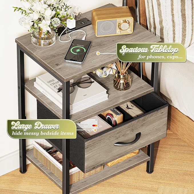 SUPERJARE Nightstand with Charging Station, USB-C Port, Bedside Table | Night - Image 5