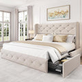 LARMACE Full Size Bed Frame with 4 Storage Drawers and Wingback Headboard Linen Upholstered Platform Bed Frame Tufted Beds with Wooden Slats Support, Easy Assembly, Beige
