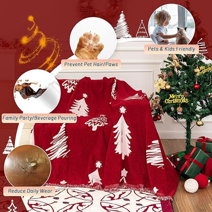 MYSKY HOME 71"X118" Loveseat Christmas Couch Cover, Sectional Sofa Covers Sofa Slipcover for 2 Cushion Couch, L Shape Couch Covers for Dogs, Kids, Washable Sofa Blanket, Furniture Protector, Red