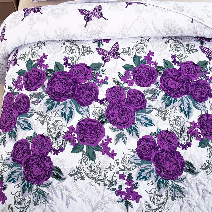 Yiran Purple Floral Quilt Set King Size, Rose Bedspreads Bedding Set | 3 Pieces - Image 5