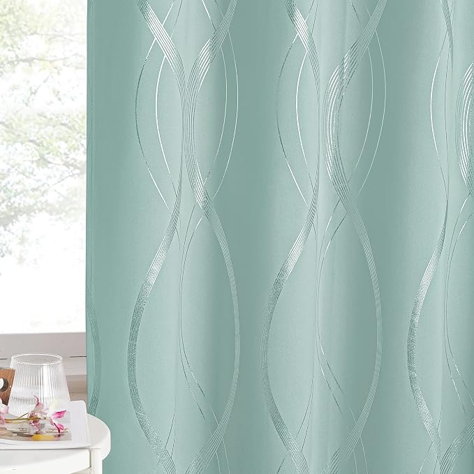 NICETOWN Aqua Blue Foil Print Curtains 90 inch Long by NICETOWN