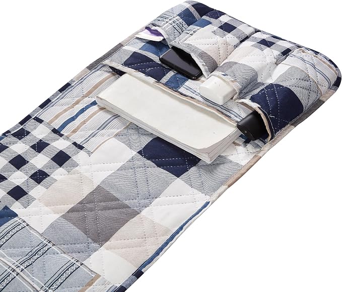 Brilliant Sunshine Blue Plaids & Stripes Couch Armrest Cover, Armrest Organizer - Image 4