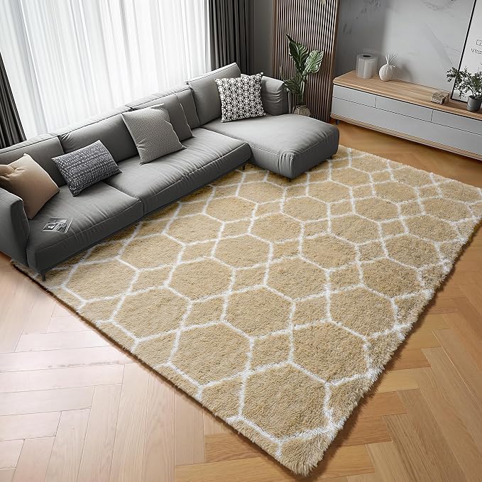 8x10 Area Rugs for Living Room, Fluffy Beige and White Bedroom Rug, Geometric - Image 9