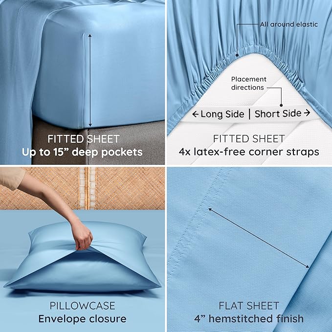 Bambaw Full Sheet Set 4pcs – 100% Viscose Derived from Bamboo Cooling Sheets Full Size Set, Temperature Regulating Sheets, with Elastic Corner Straps, Super Soft Full Size Sheets (Dream Blue)