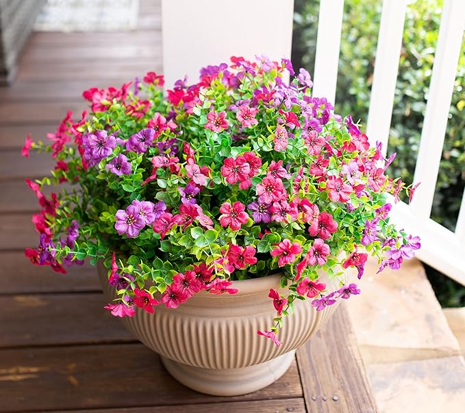 HyeFlora Artificial Flowers for Outdoor Indoor Garden Home Decoration, Faux Flower Daisy with Eucalyptus Leaves Fake Plants Greenery Boxwood Porch Patio, 12 Bundles (Purple Pink)