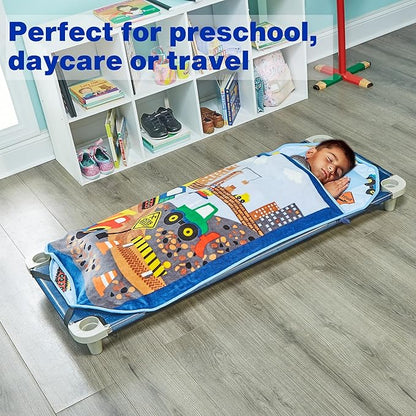 EVERYDAY KIDS Cute Preschooler and Toddler Cot Nap Mat for Home, Daycare, Preschool and Kindergarten; Easy to Roll Sleeping Mat with Elastic Straps, Pillow and Blanket