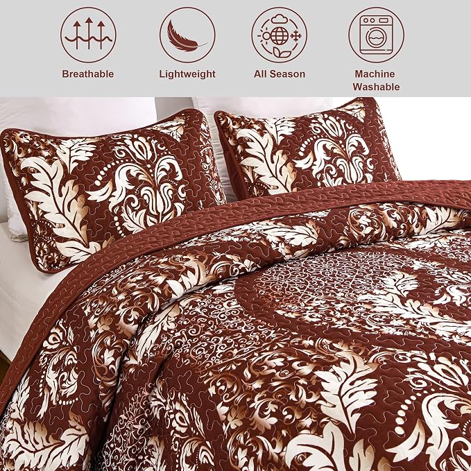 DJY Damask Quilt King Size, Boho Lightweight Bedding Set 3 Pcs, Burgundy | - Image 4