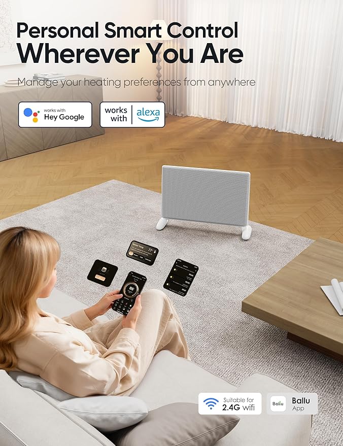 Ballu Mica Infrared Space Heater Indoor Use,Large Room Panel Heater with Programmable Thermostat,WiFi App Control,Portable Stand or Wall Mount,Energy Efficient Smart Quiet Heater,Work with Alexa,White