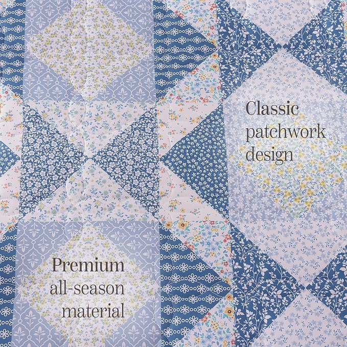 Queen Quilt Set-3 Pieces Soft Bedding Lightweight Floral Patchwork Coverlet | - Image 6