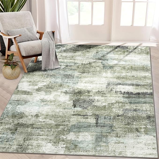 8x10 Area Rugs for Living Room, Non-Slip Backing Washable Rug 8x10, Large Area Rug Soft Carpet for Bedroom Dining Room, Modern Abstract, Easy Clean, Durable, Low Pile Rug Under Table, Green