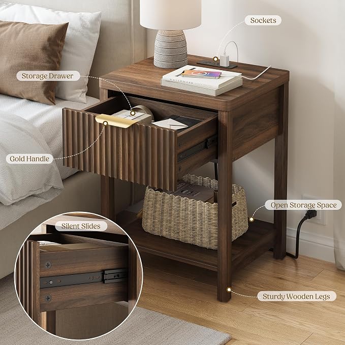 Night Stand Set 2, Fluted Wood Nightstands w/Charging Station - Image 3