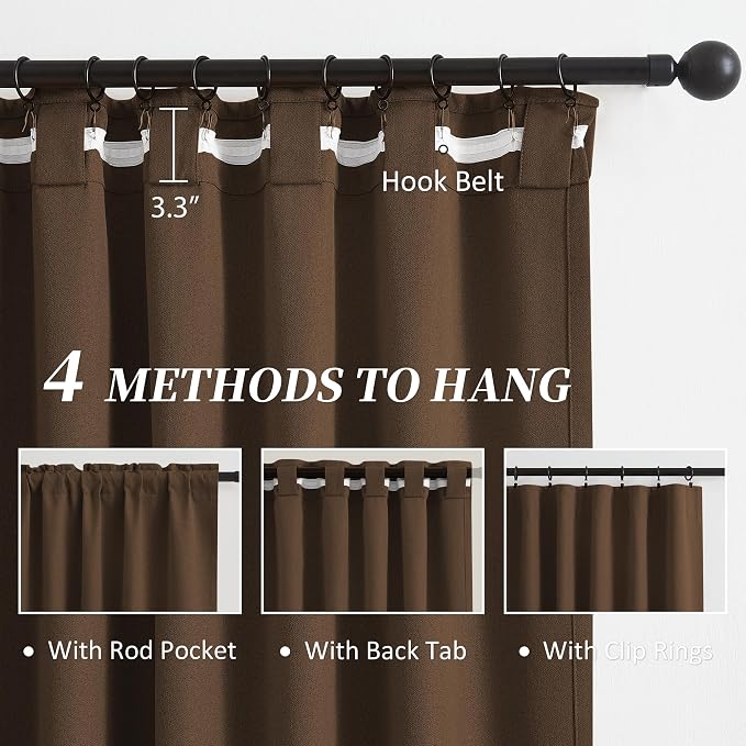 Cocoa Brown Linen Blackout Curtains Back Tab Rod Pocket Hook Belt Privacy - Image 3