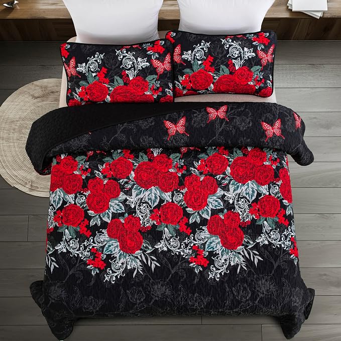 Yiran Black Floral Quilt Set King Size, 3 Pieces Botanical Quilt Set | Summer - Image 3