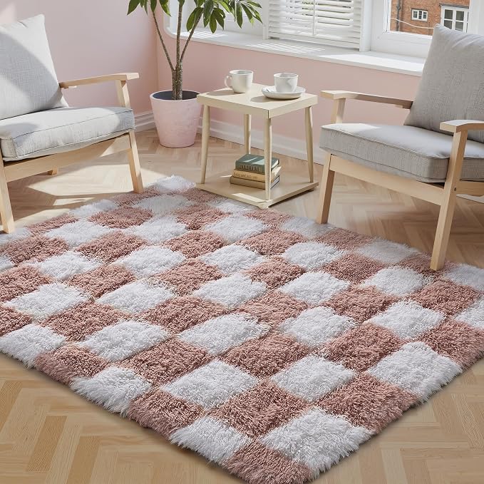 Pink Area Rug 3x5 for Kids Room Soft Fluffy Checkered Shag Carpet | Machine by PureCozy