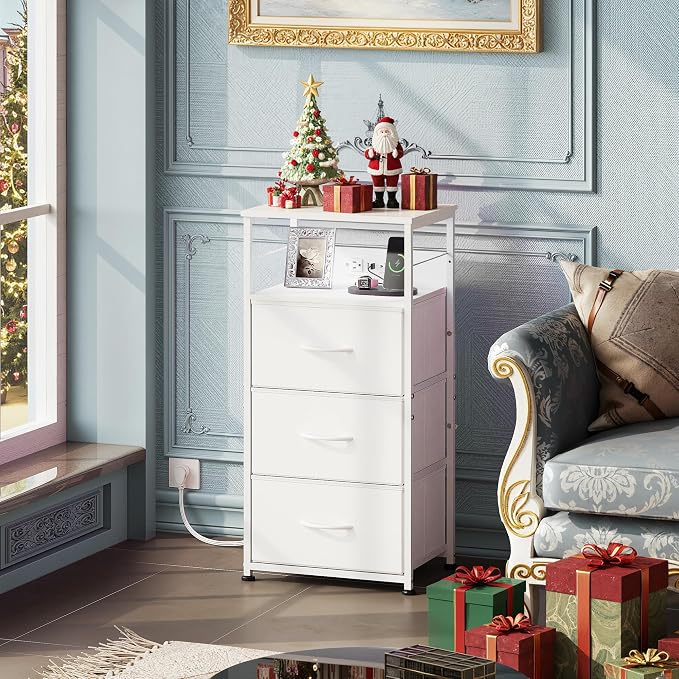 WLIVE Nightstand with Charging Station, 31.9" H Nightstand with 3 Fabric Drawers - Image 2