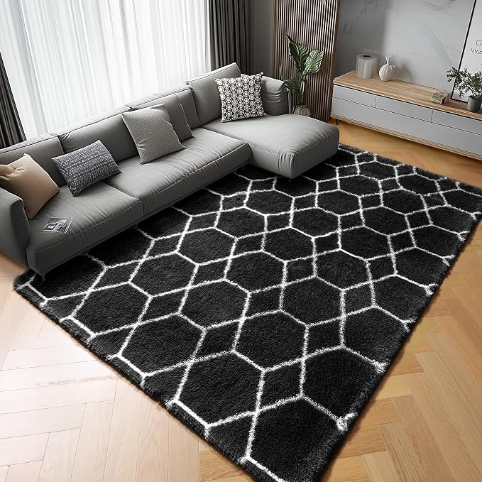 Area Rugs for Living Room Bedroom, 5x8 Fluffy Black and White Rug, Geometric by ONASAR