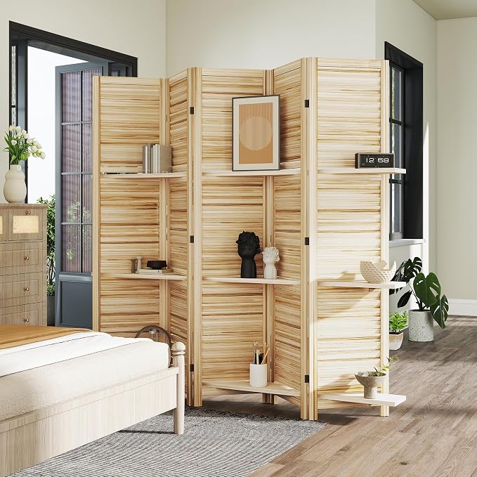 HOMCOM Room Divider with Shelves, 5 Panel, Natural Wood | Wood Privacy Screen - Image 8