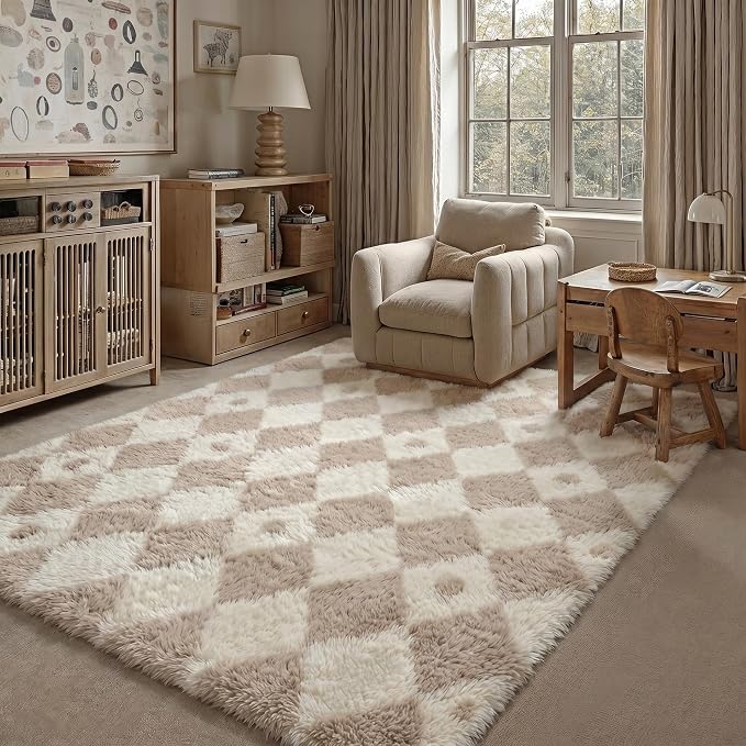 Beige 5x8 Area Rug for Living Room Soft Checkered Shag Carpet | Machine Washable by PureCozy