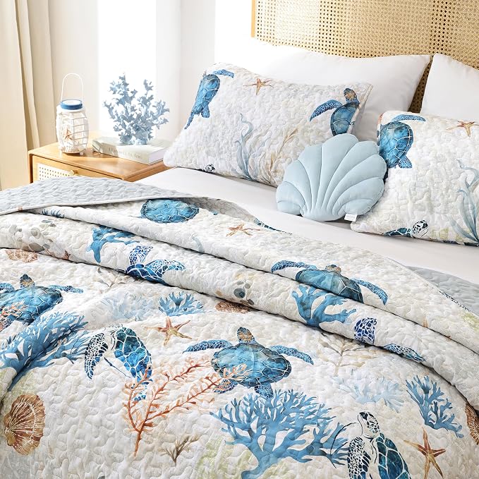 weigelia Coastal Quilt Twin Size, Sea Turtle Lightweight Summer Bedding | Sea - Image 7