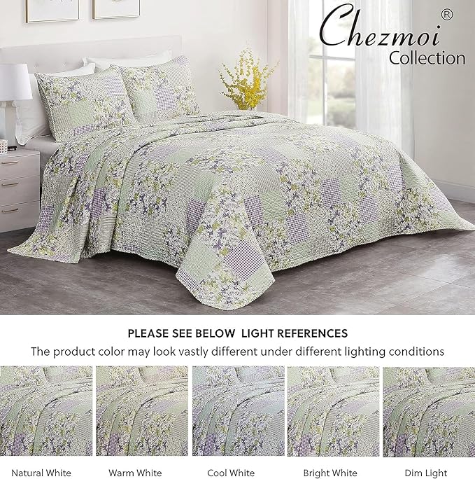 Chezmoi Collection Daisy 3-Piece Printed Patchwork Quilt Set - Image 4