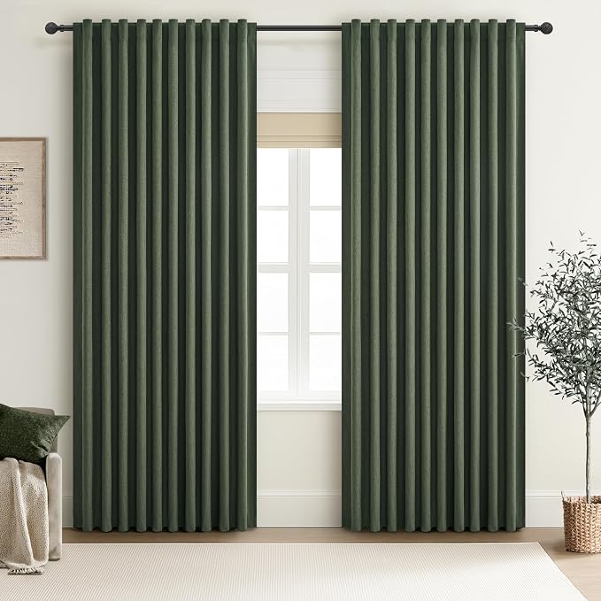 Dark Olive Green Curtains 70 Inch Length Extra Wide Pleated Black Out 84 Inch by QJMYDECO