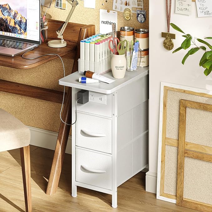 Huuger Narrow End Table with Charging Station, Side Table with 2 Drawers | Slim - Image 8