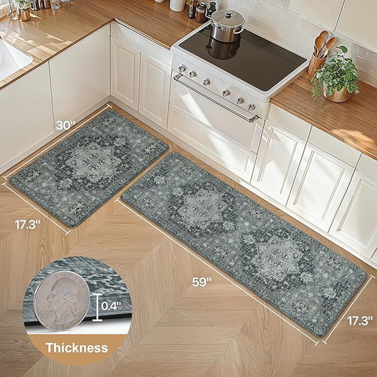 GENIMO Kitchen Mats for Floor 2PCs, Washable Anti Fatigue Mat for Cushioned, 17.3"x59"+17.3"x30", Waterproof Kitchen Rugs, Non Slip Comfort Standing Mat Rug for Home, Sink, Laundry, Dark Gray