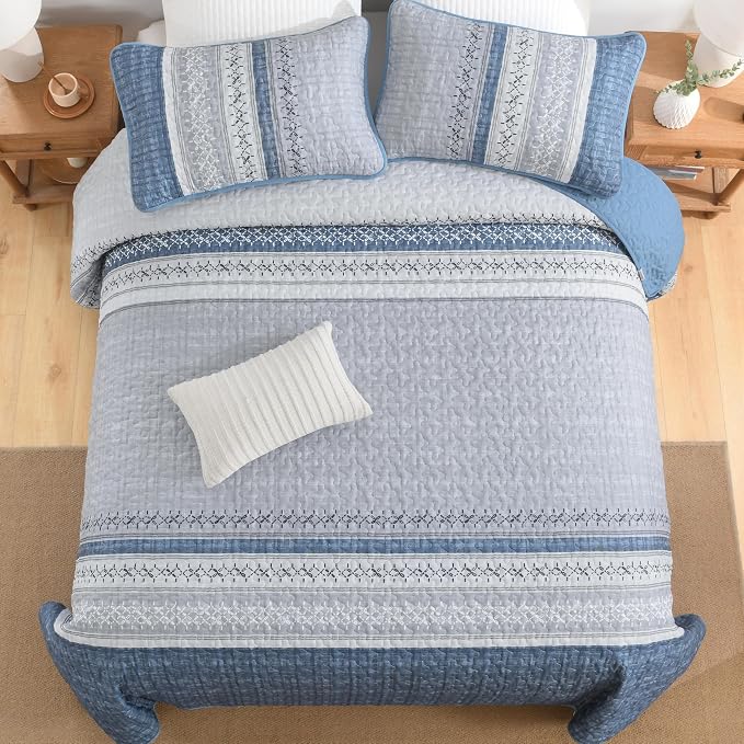 Cottolester Mineral Blue King Quilt Set, Boho Striped Bedspread Coverlet Set | - Image 6