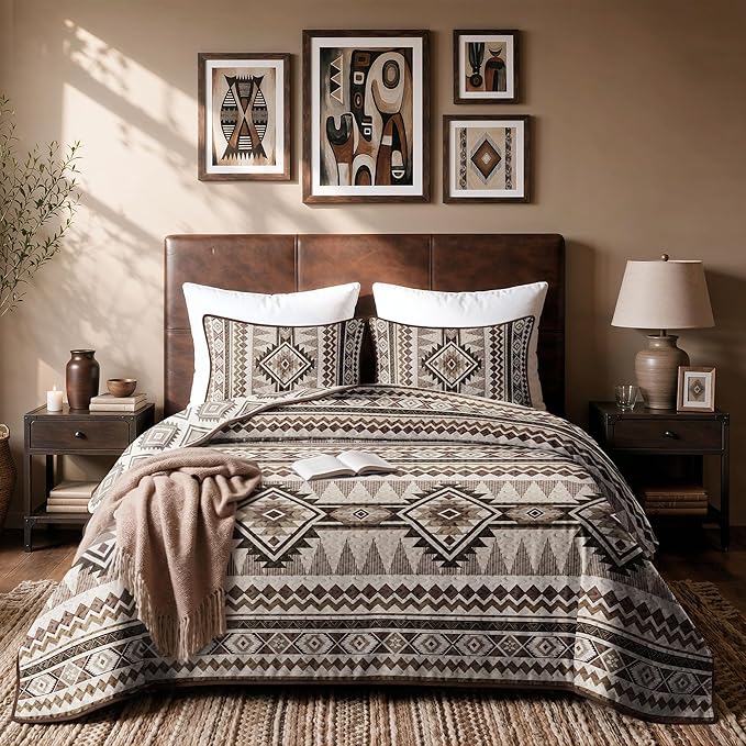 akkialla Reversible Brown Boho King/Cal King Quilt Set, 2-Piece Bohemian Aztec by akkialla